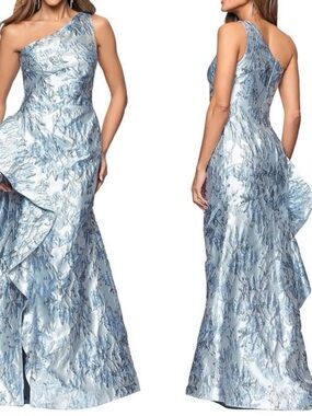 Xscape One-Shoulder Light Blue Ruffle Jacquard Gown